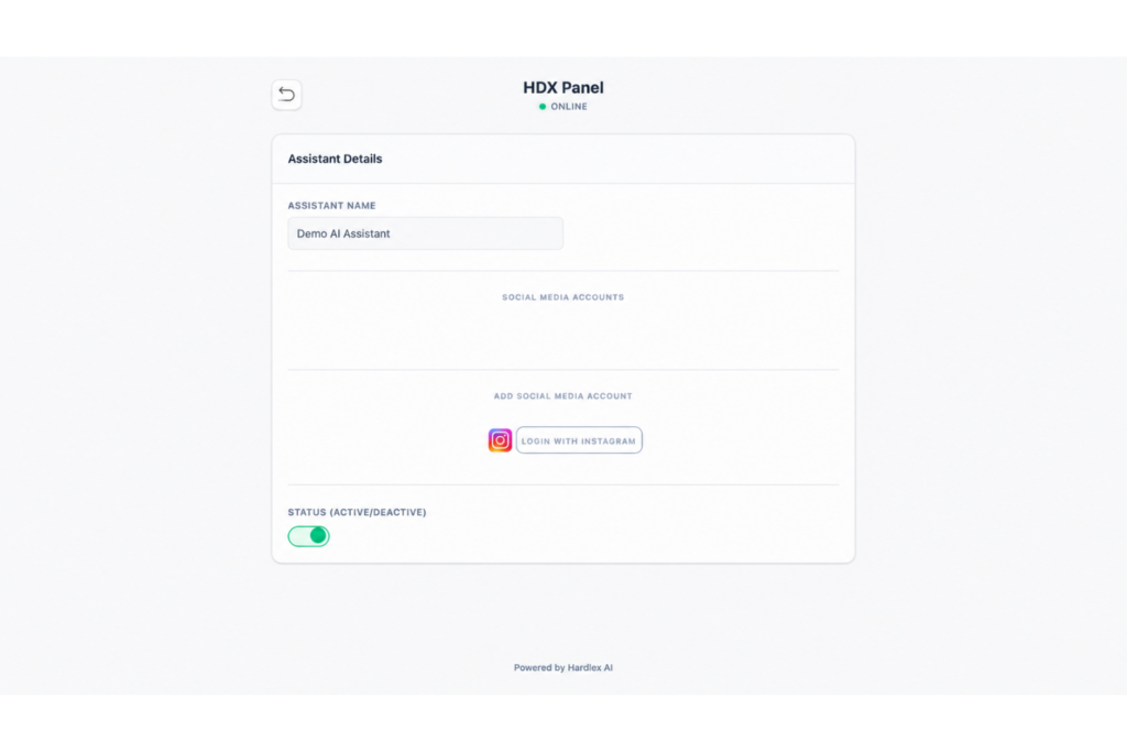 HDX Panel screen for connecting Instagram and controlling AI Assistant status